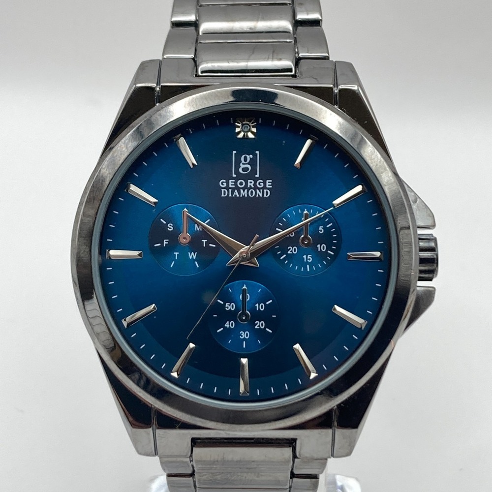 George Mens Watch 43mm Gunmetal Gray Blue Dial New Battery 8.25"